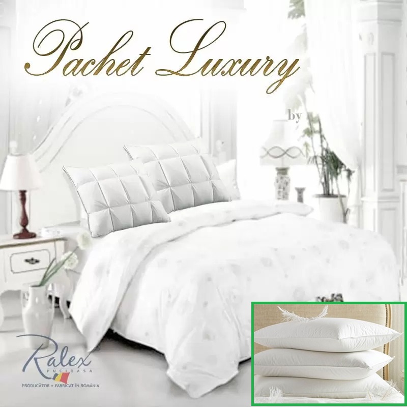 Set Pilota casetata alba din puf gasca + 2 perne